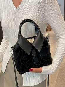 1个不对称PU皮革单肩斜挎包，时尚别致风格，独特简约方形手提包 - 黑色 - 查看 4