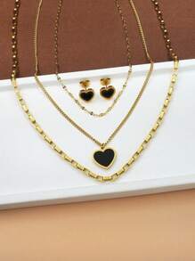 Ensemble de collier de pendentif à cœur noir superposé à multiples couches en acier inoxydable plaqué or 18k pour femmes, avec boucles d'oreilles, idéal pour l'anniversaire, la fête des mères, la Saint-Valentin, les rencontres, la fête dansante, les vacances de Bohême et la saison des mariages (3 pièces).