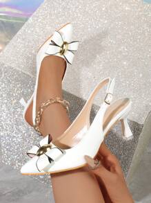 White Bow Pointy Toe Mid-Heels Women Sandals