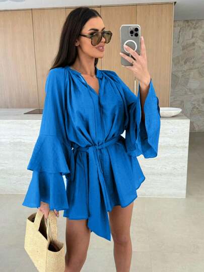 Fashionable Solid Color V-Neck Asymmetrical Tie-Up Long Sleeve Loose Mini Dress