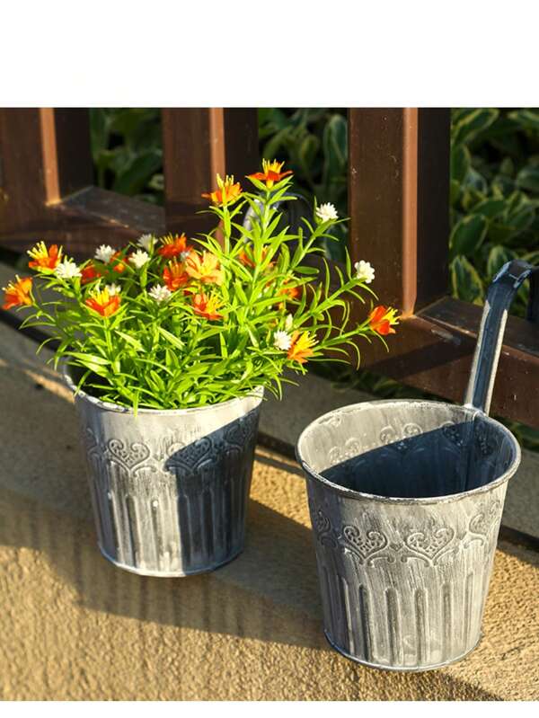 1/3 Grey Retro Vintage Vintage White Hanging Bucket Flowerpot, Outdoor Hanging Flowerpot, Iron Art Small Hanging Pot