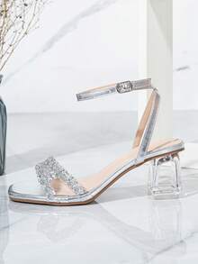 Spring/Summer Women's Elegant Crystal Heel Rhinestone Glass Rhinestone Silver High Heel Sandals, Suitable For Outings, Banquets, Parties And Other Activities - Silver - View 9