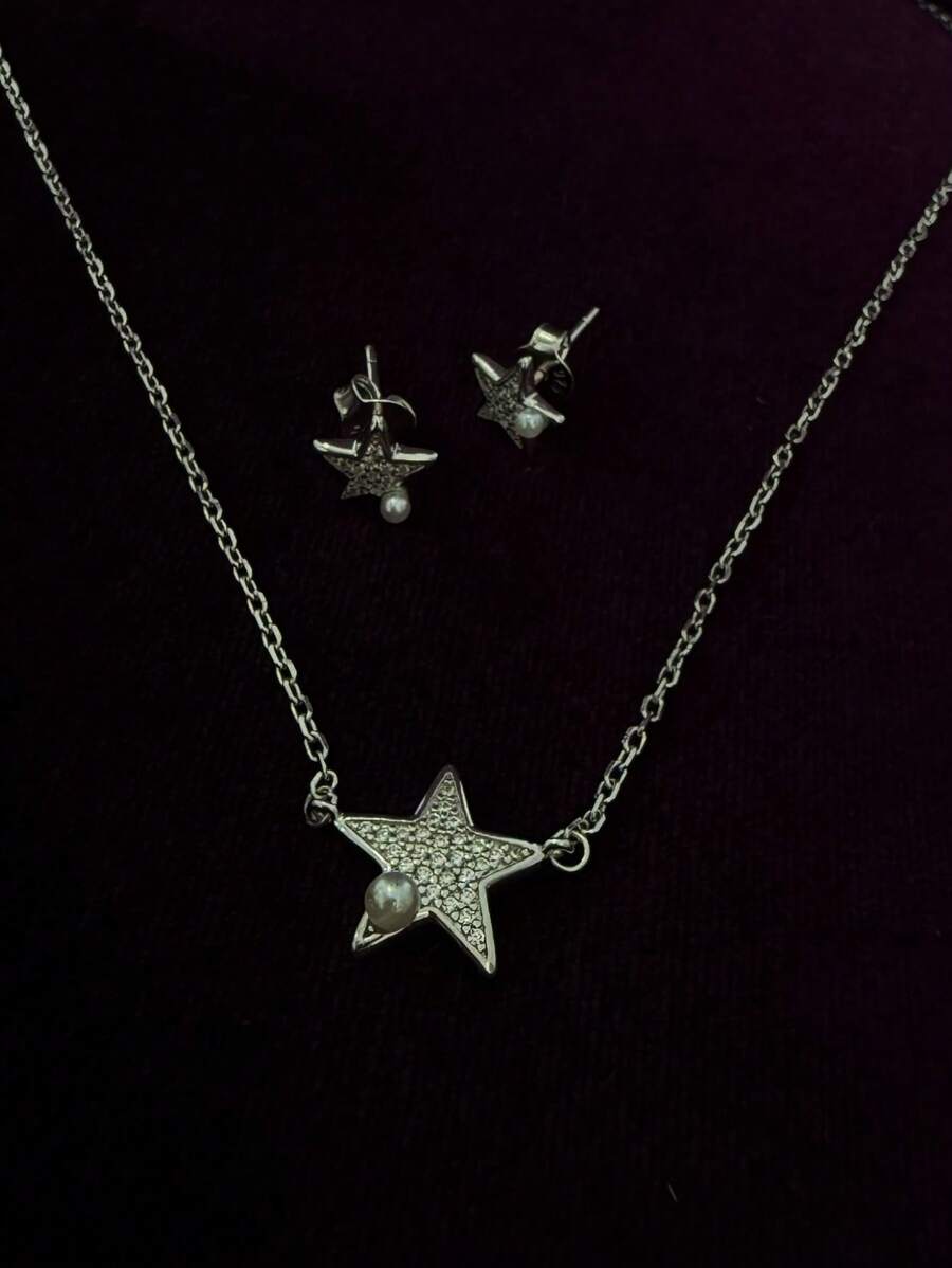 1 Set de joyería de plata de ley 925 con circonita cúbica y perlas de concha con diseño de estrella