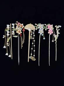 6 piezas/1 pieza Elegante accesorio para el cabello con diseño de flor, accesorios para el cabello de estilo chino, adecuado para Hanfu, Cheongsam, con borla, material de aleación, fácil de usar - Diseño de alta calidad, impresión de unicolor, minimalista elegante, material de aleación, fácil de usar, hermoso regalo Pasador de moño, Pasador de moño, Creador de moño, Pieza de moño, Pasadores para peinar el cabello, Artículos escolares