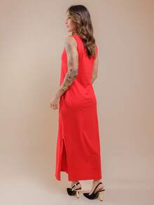 Long Dress With Slits And Pockets 100% Cotton - 紅色 - 查看 2