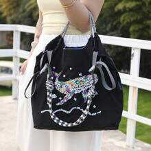 Bohemian Women's Shoulder Bag Embroidered Pattern Nylon Bag Large Capacity Cloth Bag Lightweight Foldable Storage Bag Commuter Bag Fashion Bag Travel Bag Large Capacity Tote