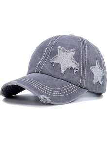 1 Piece Wash Worn-Out Ponytail Baseball Cap With Powder Dispersed Five-Pointed Star Pattern, Unisex, Adjustable Outdoor Sun Protection Casual Soft Top Hat For Spring And Autumn, Travel, Beach Vacation, Outdoor Activities Sun Hat, Y2K Style Youth Hat