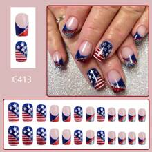 24Pcs 1-Box Short Glossy Red & Blue Glitter Stripes American Flag Nail Art, Patriotic 4th Of July Wearable, Perfect For Independence Day Parties, Essential For American Beauty Enthusiasts (2025 New Arrival)!