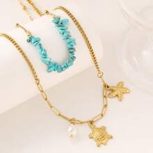 Fashion Creative Dual Layer Turtle & Starfish Blue Crystal Faux Pearl Stainless Steel Chain Necklace
