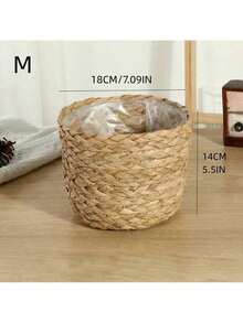 1 peça de cesta de palha trançada à mão, capa de vaso de vime para decoração de sala de estar, feita de cordas de ervas marinhas - Castanho - Ver 3