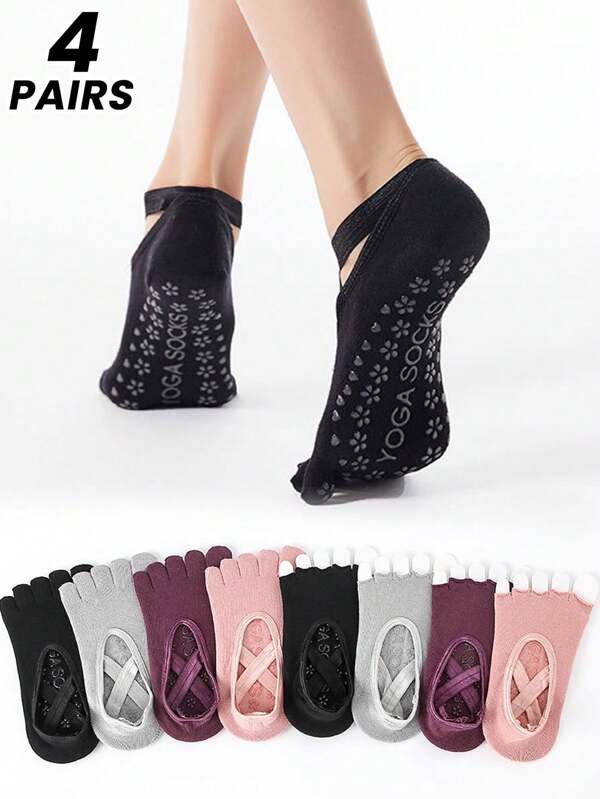 1/4 Pair Women's Solid Color Toe-Less Half Toe Backless Silicone Grip Sports Socks, Suitable For Pilates, Yoga And Other Sports Activities