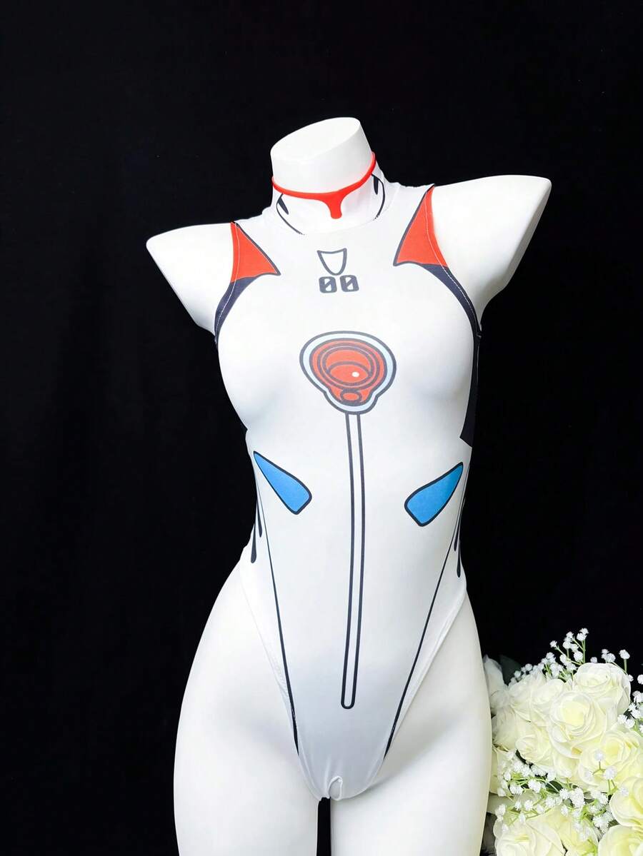 1pc Anime Character Roleplay Jumpsuit, Cute & Playful Gift, Bodysuit With Open Crotch Design - White - View 1