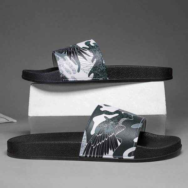 Summer Men's Graffiti House Slippers, Indoor/Outdoor Beach Slippers, Casual Black Soft Sole Plus Size Unisex Thong Sandals [Random Graffiti Pattern]
