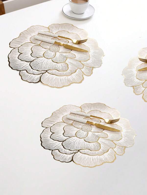 1pc/4pcs/6pcs/8pcs Gold Minimalist PVC Waterproof Floral Placemats,Easy Clean, Washable, Wipe Clean, Non-Slip, Heat Resistant, For Room Decor, Dining Table Decor, Home Decor, Suitable For Holiday,Birthday,Party, Wedding And Dinner