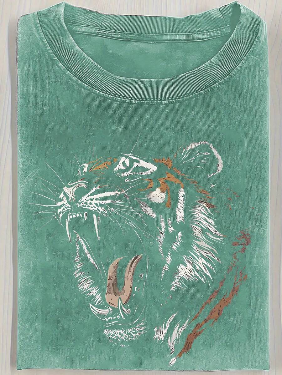 Retro-Style Tiger Portrait Print 230g Heavy Wash Batik Double-Sided Printing Short-Sleeved T-Shirt, Men's Crisp Short-Sleeved T-Shirt, Outdoor Sweatshirt, Vintage Wash, 100% Cotton, Everyday Wear - 薄荷綠 - 查看 1