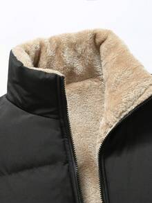 Men's Solid Color Long Sleeve Zipper Front Stand Collar Fleece Padded Coat , Zip-Up Business Casual Padded Coat, Autumn/Winter Outdoor Padded Coat,Thick Thermal Lined, Commuter Wear, Black Outerwear Men Men Jacket Winter , Fall - Black - View 4