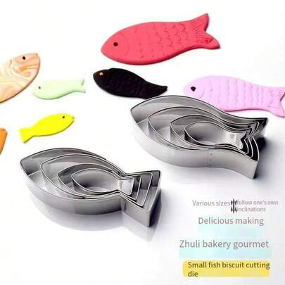 4 件套流行鱼形饼干模具，适用于扁头鱼、叉尾鱼、鲳鱼和热带鱼，用于烘焙和糖霜