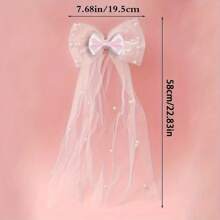 Custom Eternal Elegant Bridal Headpiece With Bow And Veil, Pearl Bow Hair Clip Tulle Veil Headband, Multiple Color Options, White Sheer Clip-On Wedding Accessories Suitable For Brides, Bridesmaids, Graduations And Bridal Parties