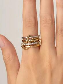 18K Gold Plated Copper Zirconia Multi-Layer Connecting Dual-Color Ring, Elegant & Cute Ring Suitable For Gifts, Parties, Dates And Daily Wear