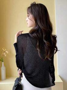 1pc Women's Spring/Summer Honeycomb Sleeve Cape Shawl With Knitted Collar & Hollow Out Detailing, Fashionable Outerwear Accessories Women For Dress - Multicolor - View 3