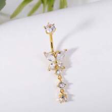 1 Pc Copper Material Butterfly Style Long Navel Ring, Silver Zirconia Inlaid