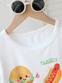 Conjunto de camiseta de manga corta con cuello redondo y estampado de hamburguesa lindo, y pantalones cortos con estampado de cuadros para niñas