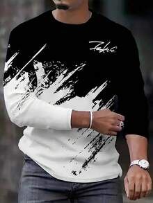 Maglietta a maniche lunghe casual a blocchi di colore bianco e nero con motivo 3D, adatta per attività all'aperto, top traspirante a collo tondo, lavabile in lavatrice, versione regolare, design alla moda, moda streetwear, struttura durevole - Multicolore - Visualizzare 2