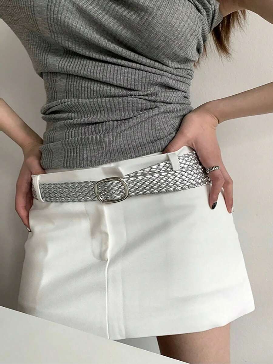 1pc Shiny Bohemian Sexy Cute PU Leather Braided Elastic Waist Belt, Versatile For Women, All Season Fall, Autumn, Halloween - Silver - View 1