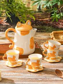 1pc Cute Cat Design Ceramic Tea Set, Including Teapot, Cups And Saucers, Ideal For Afternoon Tea, Coffee, Gift - Multicolor - View 5