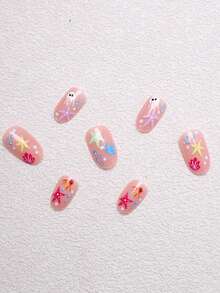 24 件圆形平头短按压指甲，带有海星和水母夏季海景设计，闪亮亮片，配有 1 个指甲锉和凝胶，适用于派对和日常使用的美甲用品 - 彩色 - 查看 2