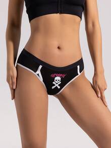 Aofeiqike 加大码女式骷髅印花舒适透气中腰低腰内裤，运动风格深色美学内衣 - 黑色 - 查看 3