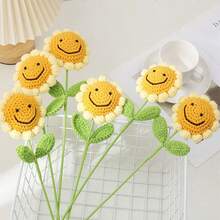 1pc Knitted Artificial Smile Face Sunflowers Fake Crochet Hand Woven Flowers With Stem For Home Wedding Party Office Tables Centerpieces Decoration (Hand-Made Finished Flower) - Orange - View 5