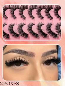 14 对猫眼假睫毛 - DD 卷翘 2 个粉色盒子，配有睫毛镊子和刷子，浓密蓬松，效果惊艳，超大睫毛套装，适合西方和拉丁魅力妆容