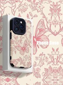 Butterfly 1pc Floral Handpainted Vertical Faux Leather Textured Shockproof Soft Phone Case, Compatible With Apple And 16/16 Plus/16 Pro/16 Pro Max - Multicolor - View 1