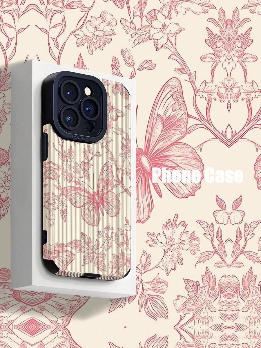 蝴蝶 1 件花卉手绘垂直仿皮纹理防震软手机壳,适用于 Apple 和 16/16 Plus/16 Pro/16 Pro Max - 彩色 - 查看 1