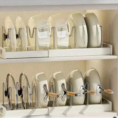 Adjustable Multi-Purpose Pot Storage Rack,Space-Saving Pull-Out Kitchen Organizer For Pots And Pans - Adjustable Metal Pot Lid Holder(White)