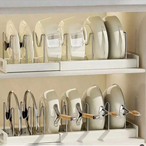 Adjustable Multi-Purpose Pot Storage Rack,Space-Saving Pull-Out Kitchen Organizer For Pots And Pans - Adjustable Metal Pot Lid Holder(White)