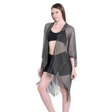 Playa de pareos para mujer,Bufanda plana, chal grande, manga de cinta dorada y plateada, chal con aberturas, blusa de bikini de vacaciones, ropa de protección solar - Negro+Hilo de plata - Ver 1