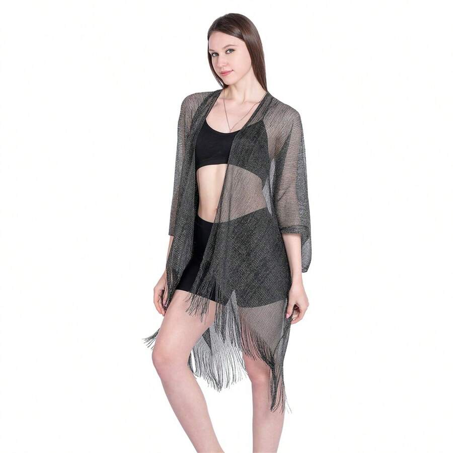 Playa de pareos para mujer,Bufanda plana, chal grande, manga de cinta dorada y plateada, chal con aberturas, blusa de bikini de vacaciones, ropa de protección solar - Negro+Hilo de plata - Ver 1
