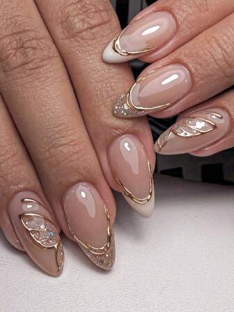 Uñas postizas de estilo francés blanco con borde dorado, con textura de mariposa de espejo mágico dorado 100% dibujado a mano, equipado con lentejuelas de verano brillantes, adecuado para usar en diversas ocasiones, de forma almendrada, nueva colección primavera-verano 2025, uñas postizas reutilizables sin dañar las uñas naturales, set de uñas postizas