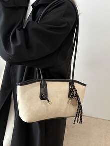 1 Túi đựng bowling bằng da PU trơn có khóa kéo chần bông, Túi tote dung tích lớn, Túi đeo vai phong cách cổ điển thời trang, Thích hợp cho phụ nữ sử dụng hàng ngày, Mùa thu/Đông - Màu be - Xem 5