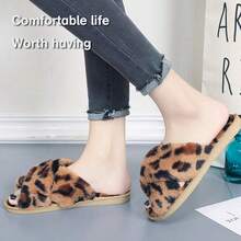 Local Delivery--LZLER Women's Cross Band Slippers, Soft Plush Fleece Lightweight Non Slip Open Toe Flip Flop Shoes House Indoor Outdoor Fur Fuzzy Slippers - 棕色豹紋 - 查看 2