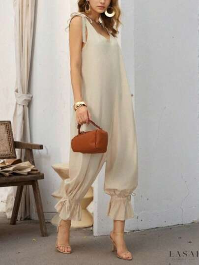 Women's Plus Size Casual Solid Color Knot Strap Binding Rope Body Suit Pants