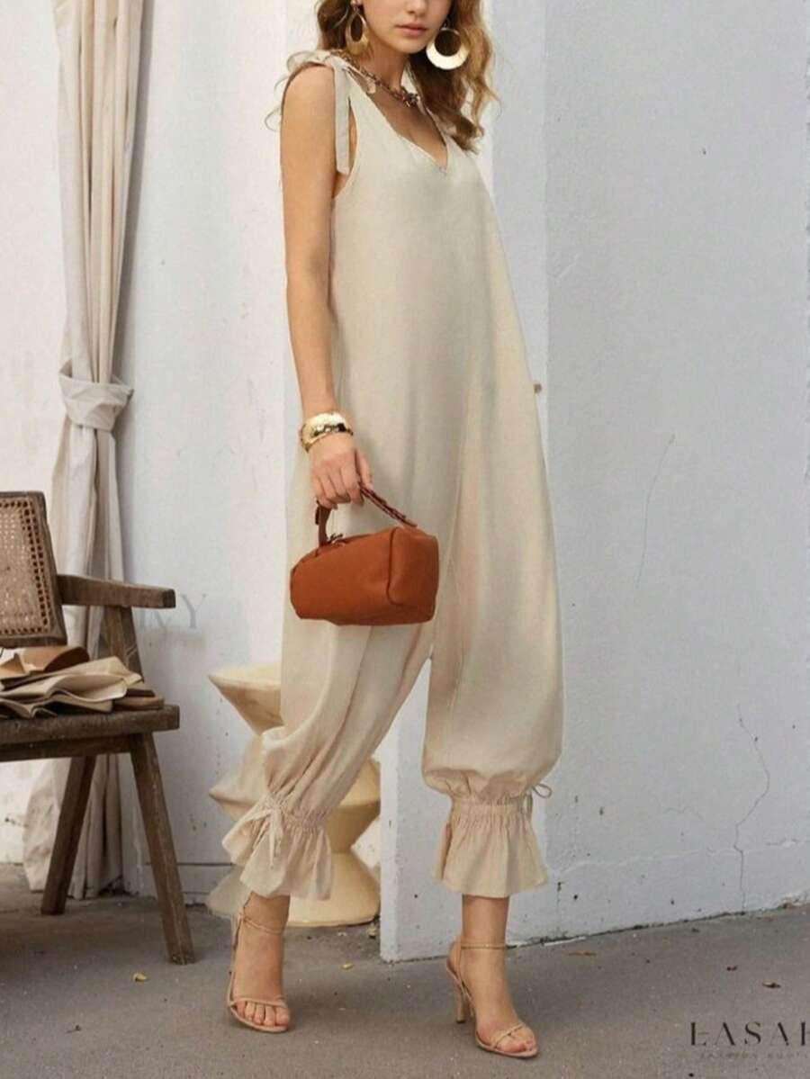 Women's Plus Size Casual Solid Color Knot Strap Binding Rope Body Suit Pants