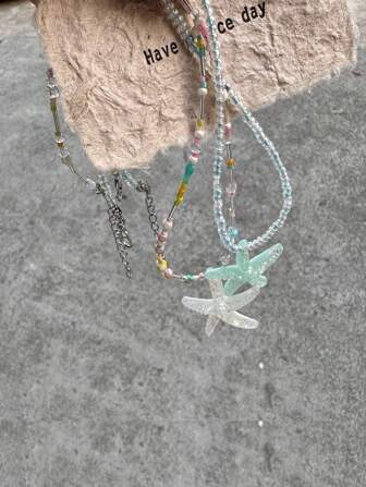 1 件彩色海星串珠 Y2K 风格项链，清新海滩主题多巴胺项链，适合女士、分层和海滩配饰