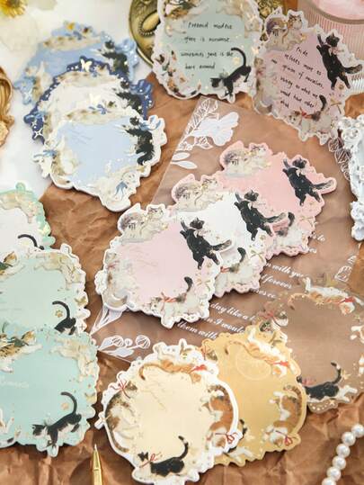 1-Piece Cat Themed Embossed Foil Notepad - Vintage Floral And Landscape Pattern With Gold Accents, Pastel Multi-Shapes (Rectangle, Oval, Round) For Office, Diary, Gift For Cat Lovers, Diary Accessories | Gold Accented Stationery | Elegant Beveled Edge Design, Cat Charms School Supplies, Back To School