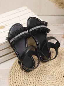 1 Pair Plus Size Black Shiny PU Strap Rhinestone Decor Flat Sandals For Teenage Girls, Round Toe Comfortable Non-Slip Beach Summer Shoes, Suitable For 3-15 Years Old Girls, Casual/Party/Vacation