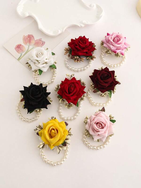 1 pièce Bracelet fleur pour femme, décoration de rose rouge pour la mariée, accessoire de mariage, convient pour demoiselles d'honneur, bal de promo, fête, port quotidien