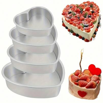 1 pieza/3 piezas/4 piezas Molde de pastel con forma de corazón, molde de pastel de aleación de aluminio con forma de corazón, molde para hornear, molde para hornear pasteles y postres con fondo extraíble, molde para pasteles, utensilios de cocina, molde para hornear