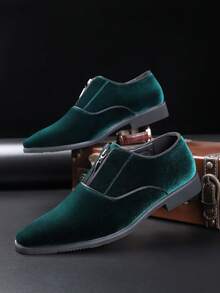 男士纯色正式西式合成纤维天鹅绒正装鞋，适合婚礼、春夏秋 - 軍綠色 - 查看 3